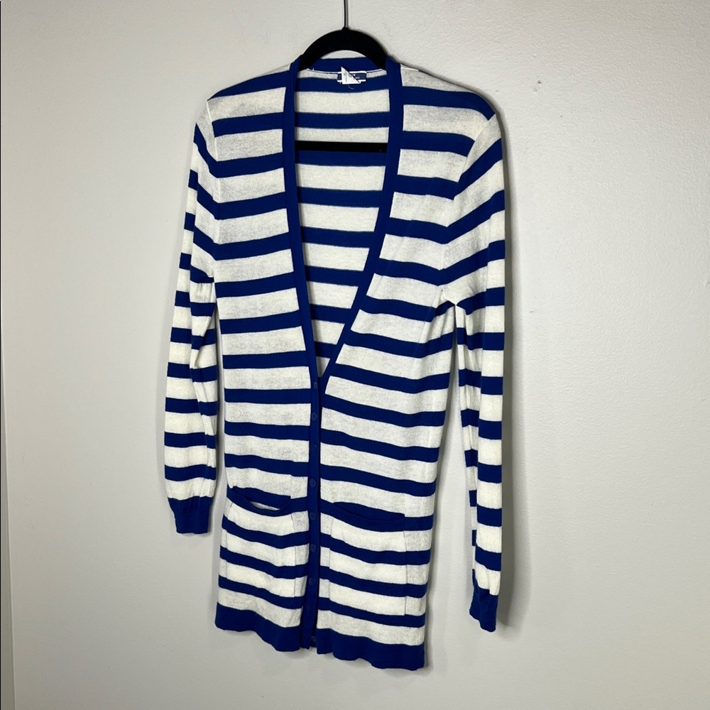 J. Crew 100% Cashmere Nautical blue and white stripe cardigan size Medium - Picture 3 of 13